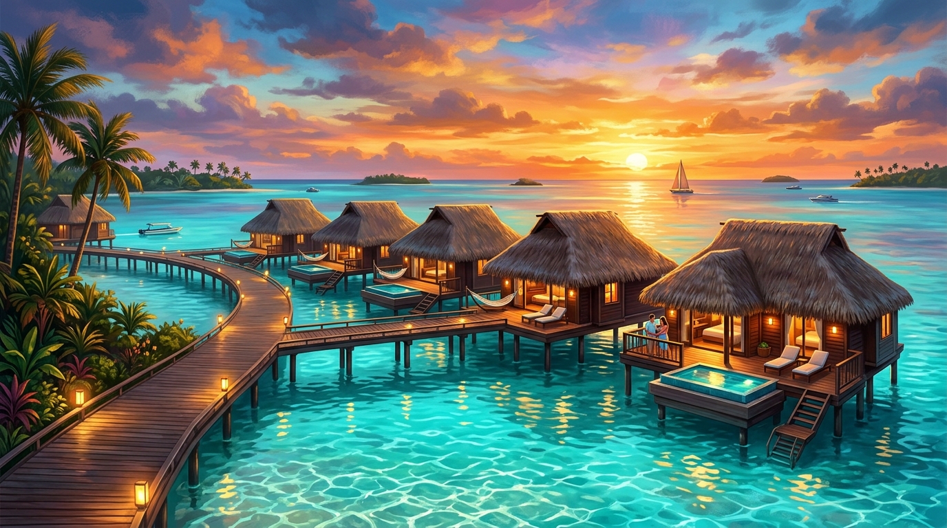 Overwater villa resort at sunset